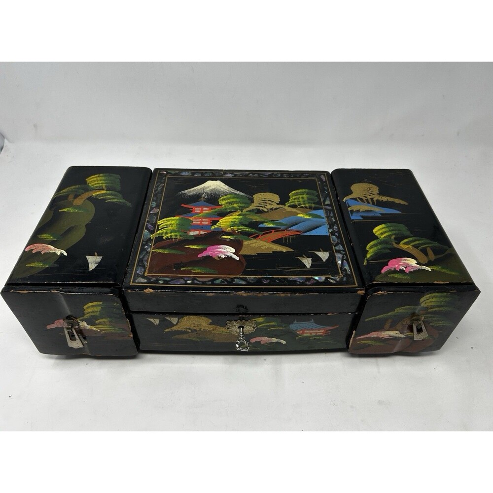 1950s Vintage Japanese Musical Jewelry Box w/ Key Mt Fuji Pagoda Lacquer MOP